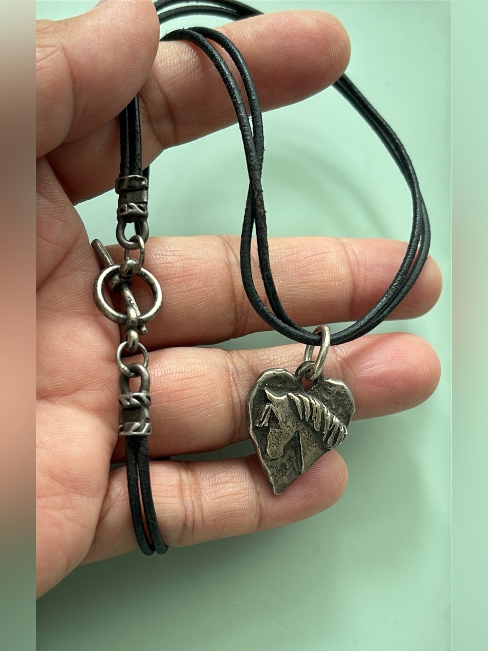 Heart Pony Pendant Necklace with Black Leather Cord Pewter